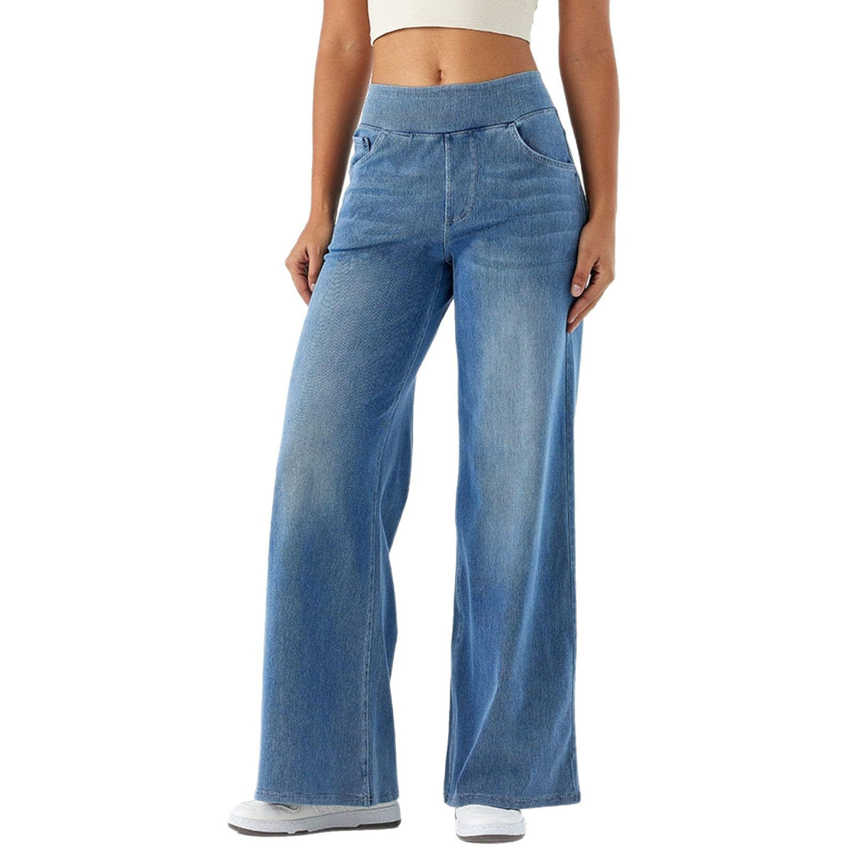 Pantaloni Denim Donna Wide-Leg con Fascia Elastica in Vita