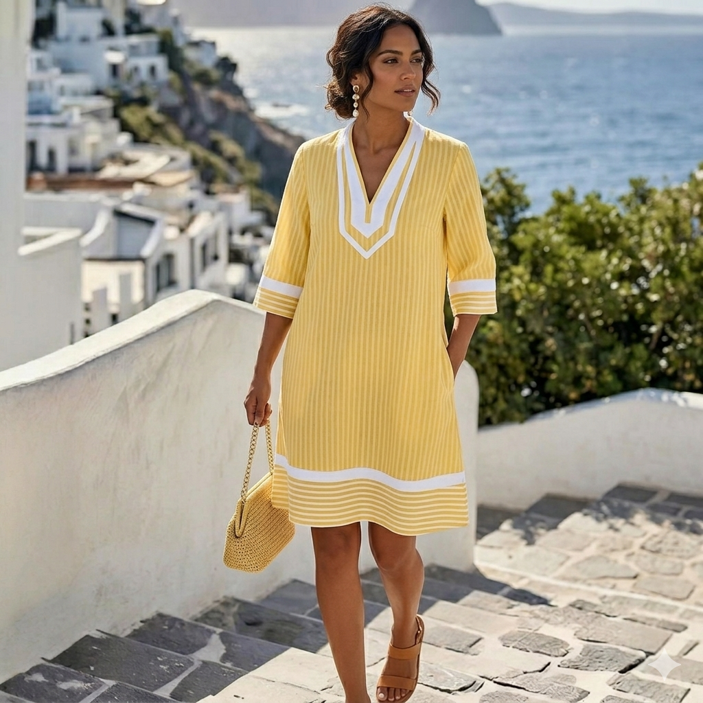 Tunica a righe a maniche corte con scollo a V- MYKONOS