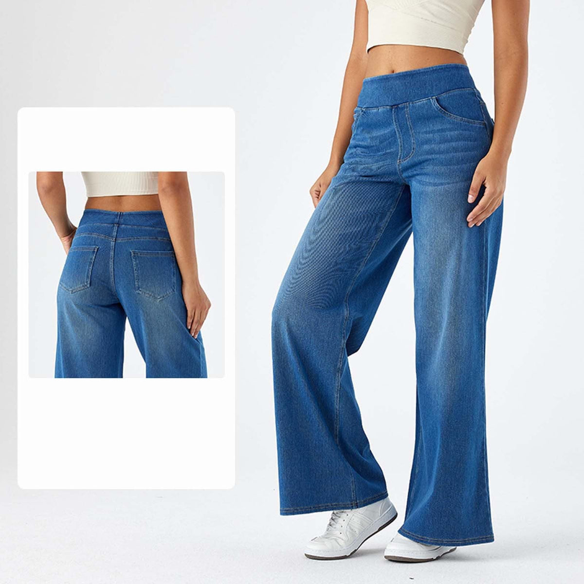 Pantaloni Denim Donna Wide-Leg con Fascia Elastica in Vita