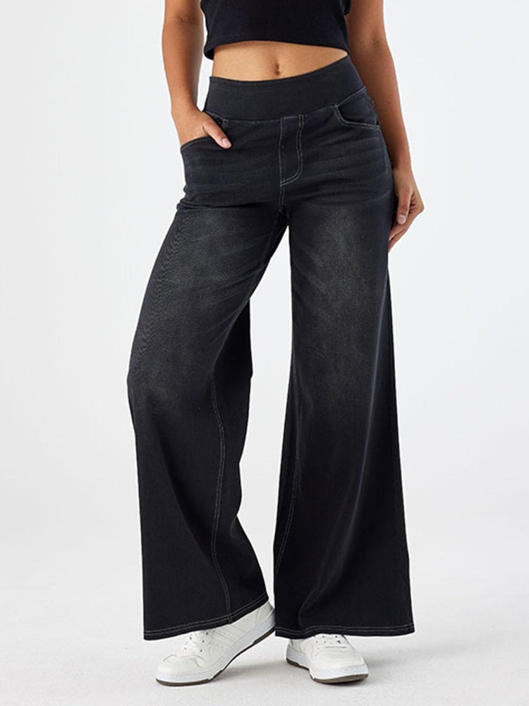 Pantaloni Denim Donna Wide-Leg con Fascia Elastica in Vita