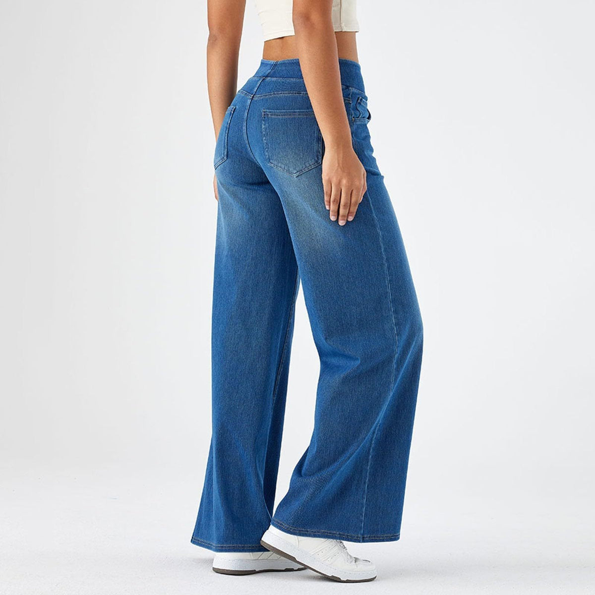 Pantaloni Denim Donna Wide-Leg con Fascia Elastica in Vita