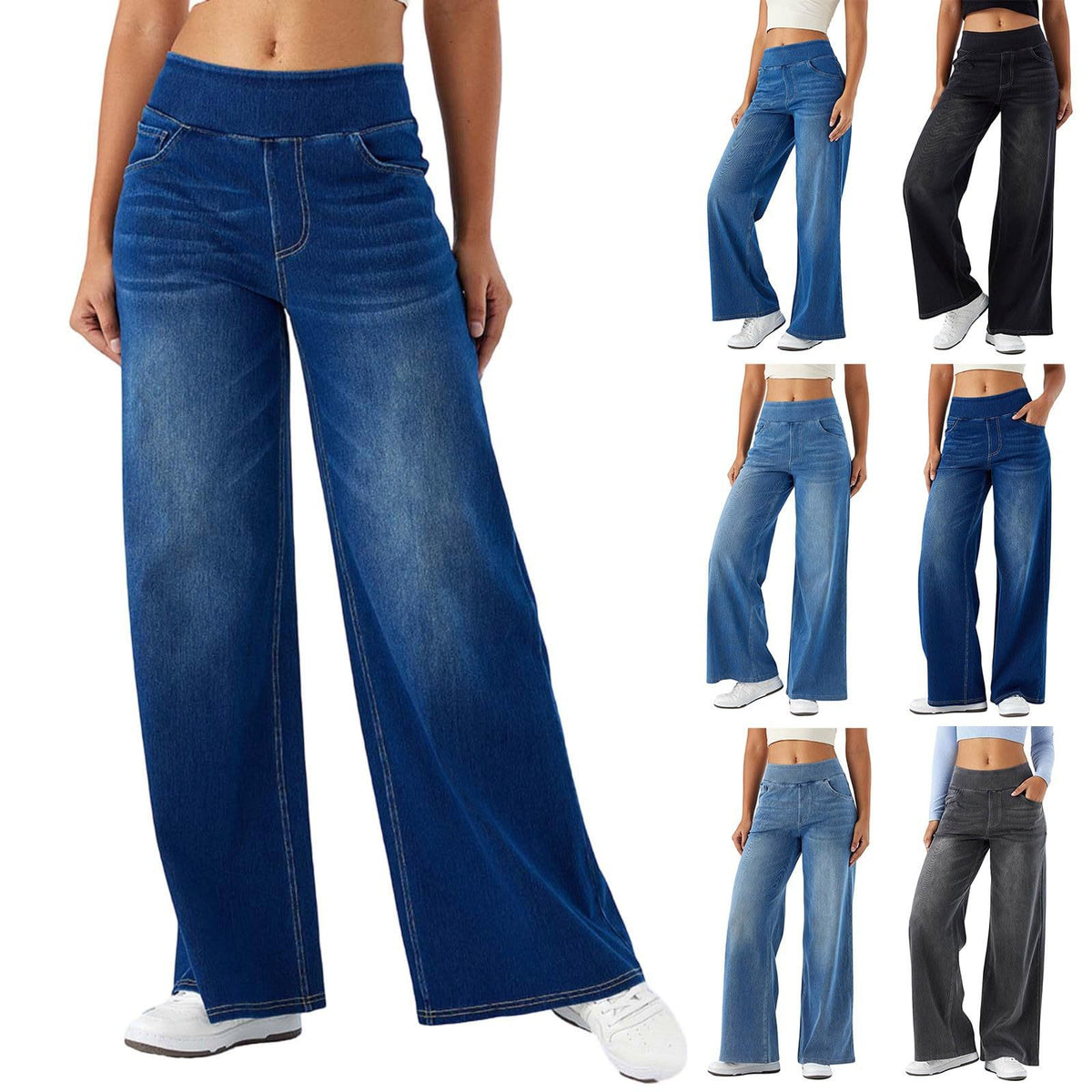 Pantaloni Denim Donna Wide-Leg con Fascia Elastica in Vita